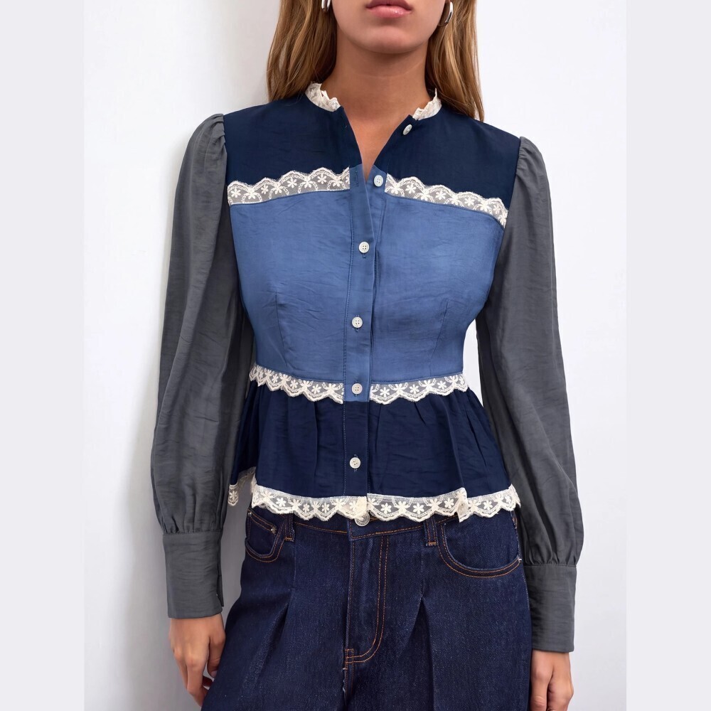 Navy Blue / Gray Colorblock Lace Trim Button Front Long Sleeve Peplum Blouse